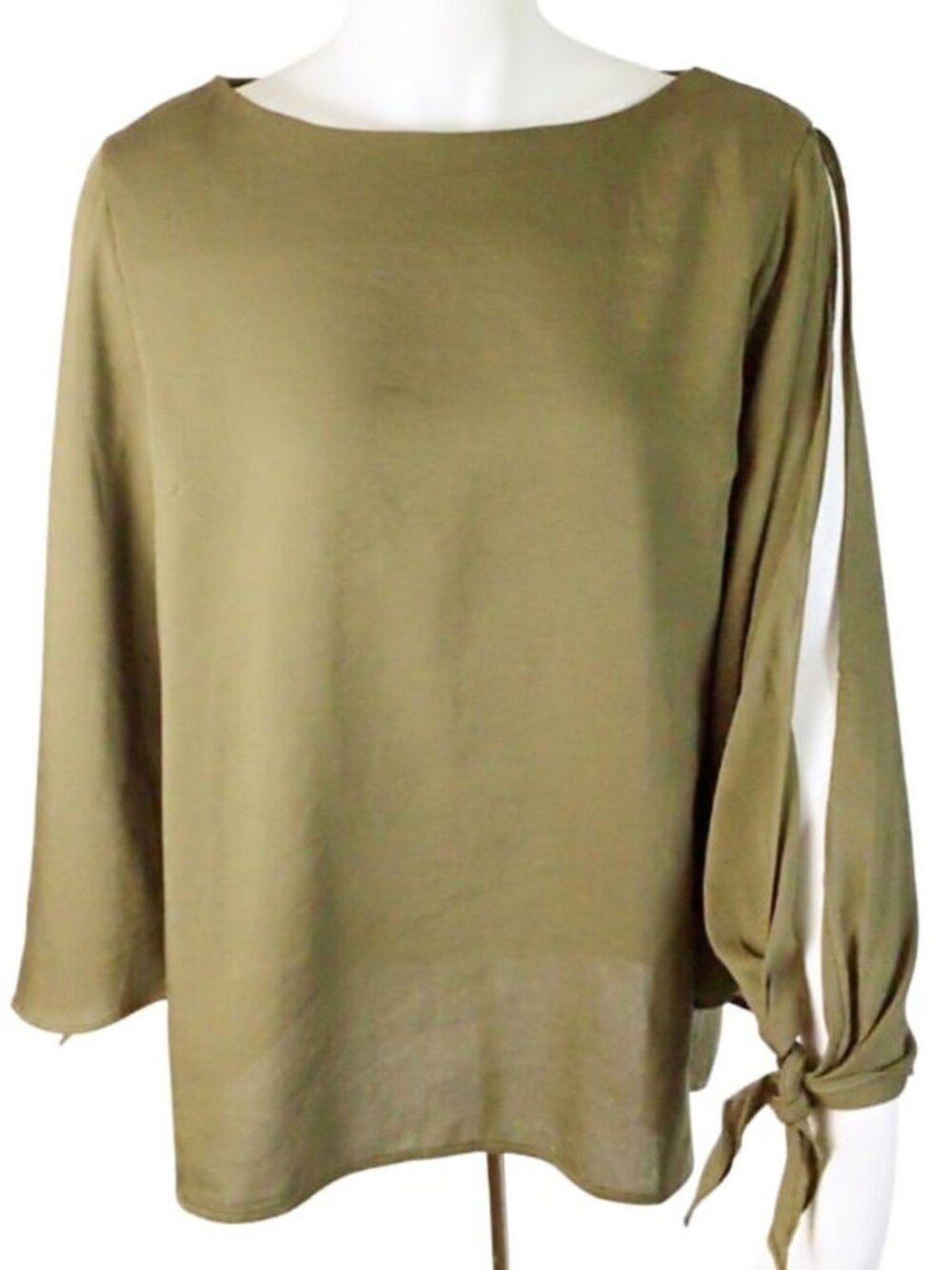 Coverstitched NWT Slit Sleeve Olive Green Top size Large L Knot 3/4 Sleeve Crepe